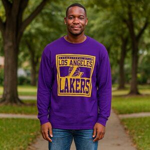 NBA Official Lakers Purple XL Long Sleeve Athletic Waffle Knit Shirt Graphic Art